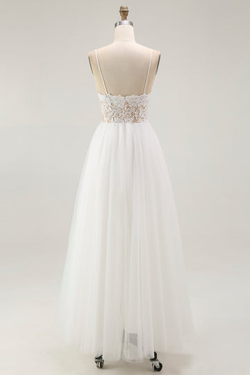 White A Line Spaghetti Straps Engagement Dress With Lace